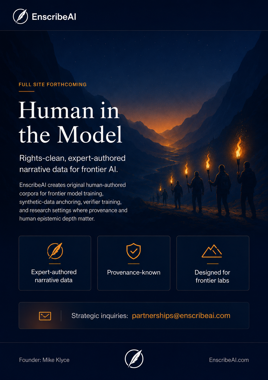 EnscribeAI temporary landing page. Human in the Model. Rights-clean, expert-authored narrative data for frontier AI. Strategic inquiries: partnerships@enscribeai.com.